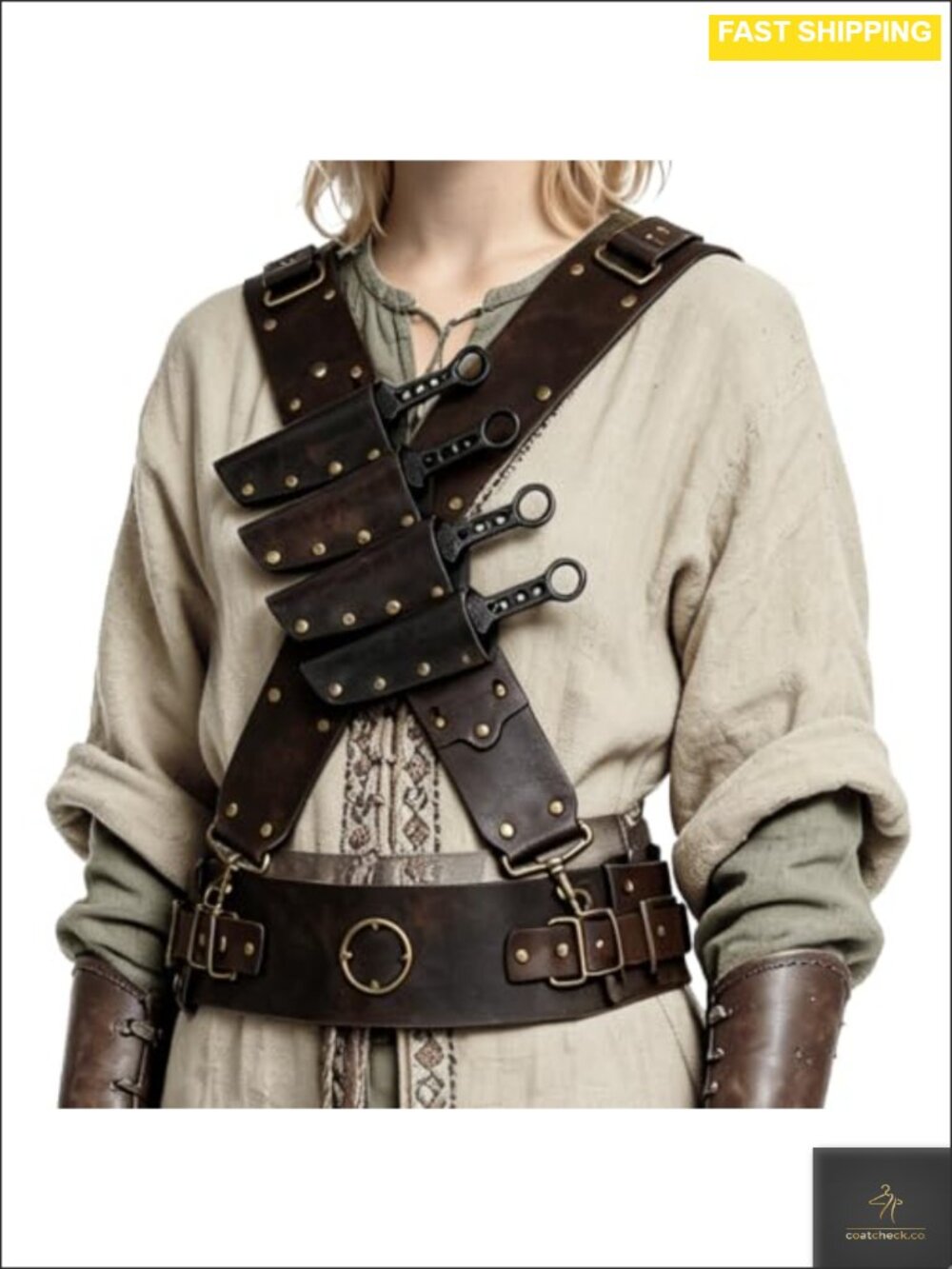 Faux Leather Medieval Baldric Belt Set with 4 Prop Throwing Knives for LARP